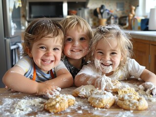 Three happy children covered in flour and dough while baking in the kitchen