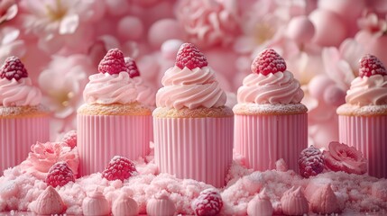 A row of pink cupcakes with raspberries on top