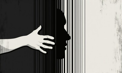 hand is touching the side of an abstract face, set against vertical black and white stripes