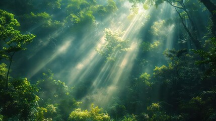 Obraz premium A lush green forest with sunlight streaming through the trees, creating a serene