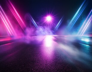 Wet asphalt, reflection of neon lights, a searchlight, smoke. Abstract light in a dark empty street with smoke, smog. Dark background scene of empty street, night view, night city.