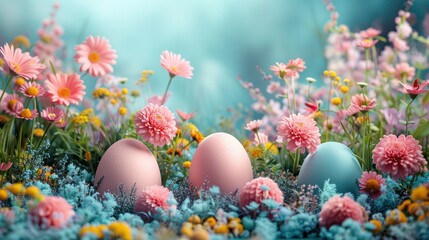 A field of flowers with three pink and blue eggs in the middle