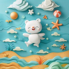 a white bear floating in the ocean with a starfish