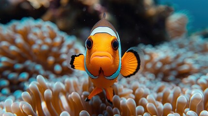   A macro image of a clownfish on coral, surrounded by two anemones