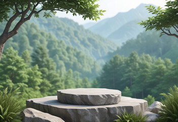  Stone podium on rock platform 3d illustration gray rock pedestal for product display - Powered by Adobe