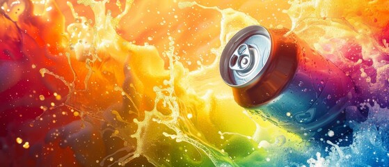 Vibrant splash of colorful paint with a metallic can. Ideal for creative, artistic, and abstract themes in graphic design.