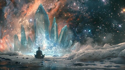 Aperson meditating in a cave. The cave is filled with glowing crystals and a bright light is shining down from the top of the cave.