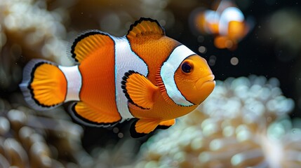   Close-up of an orange and white clownfish in a sea anemone with other fish in the background