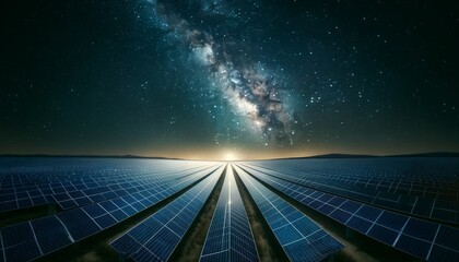 Solar Panels Under the Starry Night Sky with Milky Way