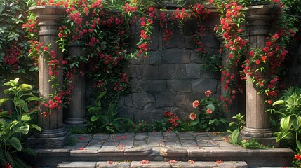 A stone wall with red flowers and green plants