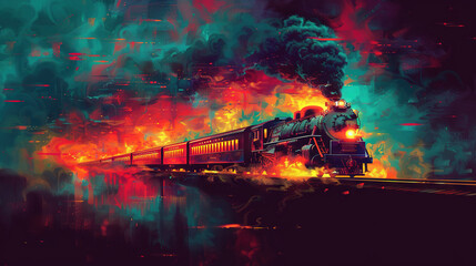   A painting of a train on a train track with a lot of smoke billowing from its top