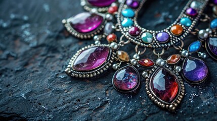 Sparkling Elegance: Silver and Gemstone Necklace on Dark Background