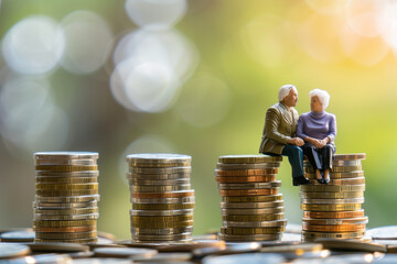 Elderly couple sitting on stacks of coins, symbolizing the concept of financial security for elderly people