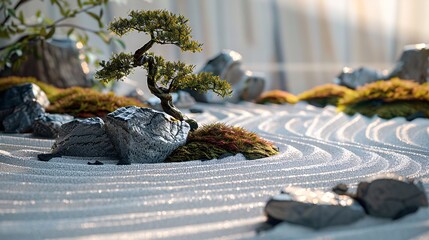 A photorealistic image of a Zen garden designed for meditation. Rocks are meticulously arranged around a bed of white gravel, with a single bonsai tree adding a touch of nature. The scene is bathed