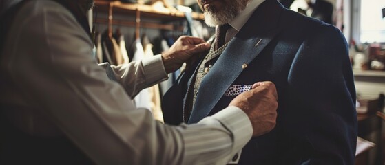 Tailor adjusting suit jacket on client in dimly lit workshop, highlighting craftsmanship, attention to detail, and traditional tailoring techniques.