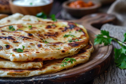 indian flatbread stuffed with potatoes aloo paratha served, selective focus