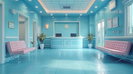 A blue room with pink chairs and a clock on the wall