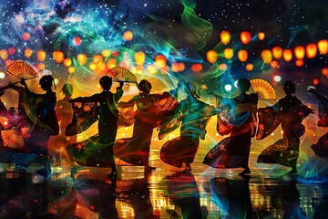 vibrant, swirling dance of bon odori figures, abstractly portrayed with flowing kimonos and traditional fans, background of starry night and illuminated lanterns japanese obon festival, abstract