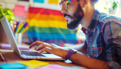 a close-up image of an LGBTQ+ professional working alone at their desk, deeply focused on a laptop, LGBTQ+ Rights, LGBTQ+ couples, LGBTQ+ People, with copy space