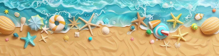 Whimsical Patterns Of Summer Beach Games. With Copy Space, Abstract Background