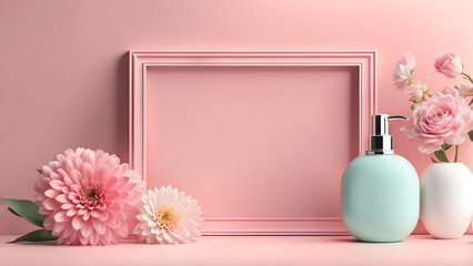 a pink picture frame with a pink flower and a bottle of lotion