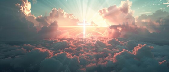 Stunning sunrise above the clouds with light rays illuminating the sky, creating a serene and heavenly atmosphere.