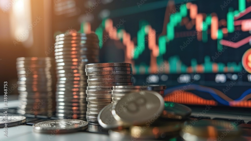 Poster A financial consultant presenting investment opportunities with a stack of silver coins and a trading chart displayed on a large screen. 