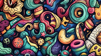 a colorful and abstract drawing with many different shapes and patterns