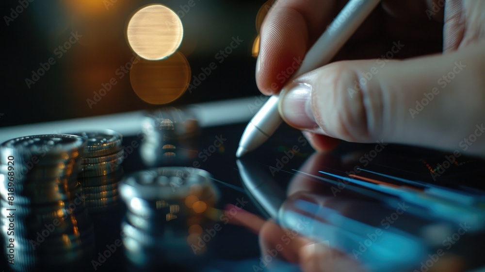 Poster A person's hand using a stylus to interact with a trading chart displayed on a digital tablet, with a stack of silver coins nearby.
