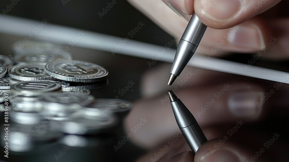 Poster A person's hand using a stylus to interact with a trading chart displayed on a digital tablet, with a stack of silver coins nearby.