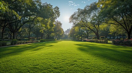 Obraz premium A large, open grassy field with trees in the background