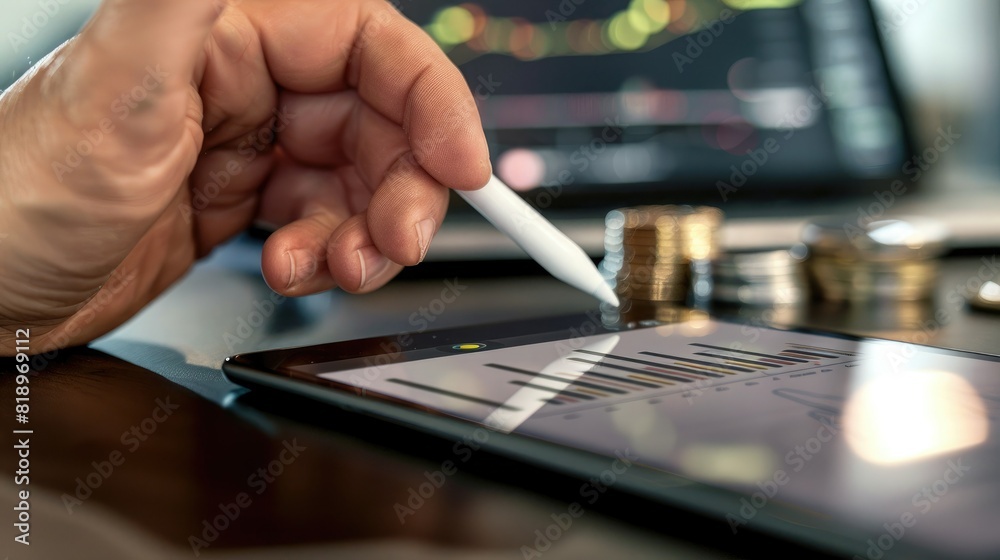 Poster A person's hand using a stylus to interact with a trading chart displayed on a digital tablet, with a stack of silver coins nearby. 