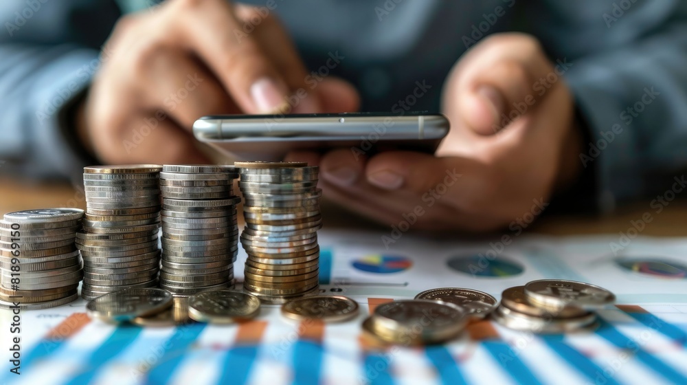 Poster A businessman analyzing market data on a smartphone with a stack of silver coins and a trading chart visible on the screen. 