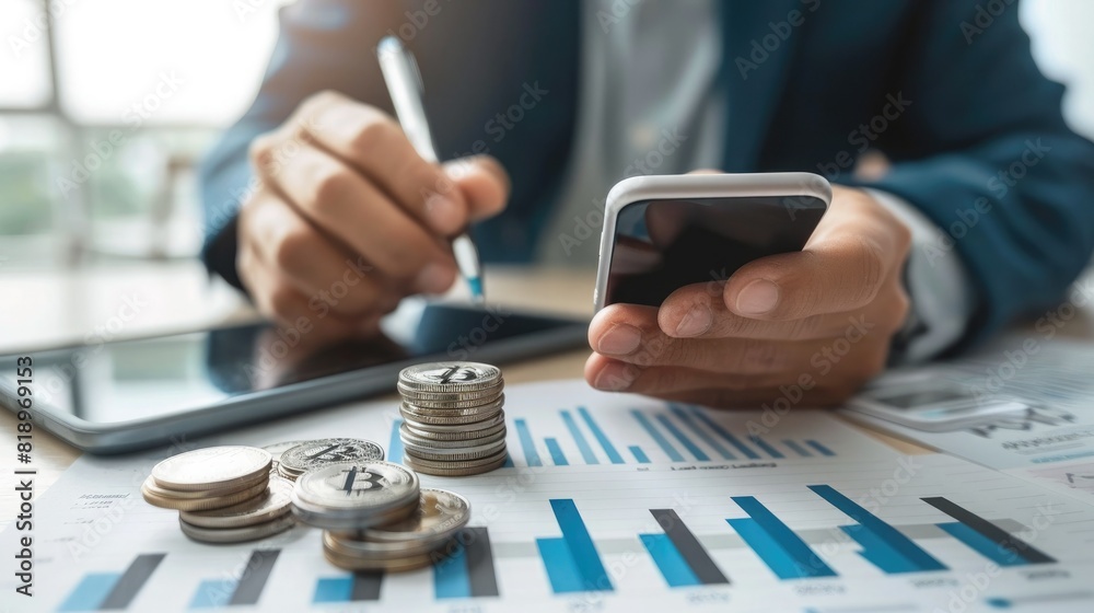 Poster A businessman analyzing market data on a smartphone with a stack of silver coins and a trading chart visible on the screen. 