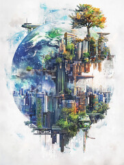 Earth mix media with forest and city element fantasy poster watercolor Earth day concept