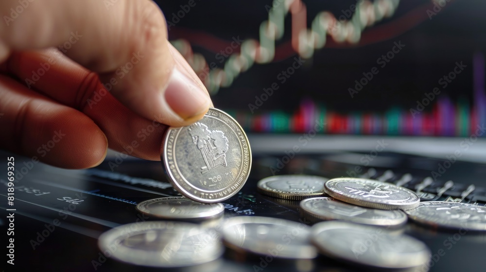 Poster a hand placing a silver coin onto a pile with a trading chart visible on a nearby screen, illustrati