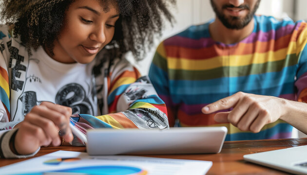 a detailed image of an LGBTQ+ person discussing a project with a co-worker, using a tablet to review documents, LGBTQ+ Rights, LGBTQ+ couples, LGBTQ+ People, with copy space - Powered by Adobe