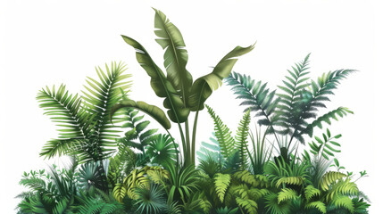 Vividly painted palm trees and ferns pop against a clean white backdrop, exuding tropical vibes and artistic flair.

