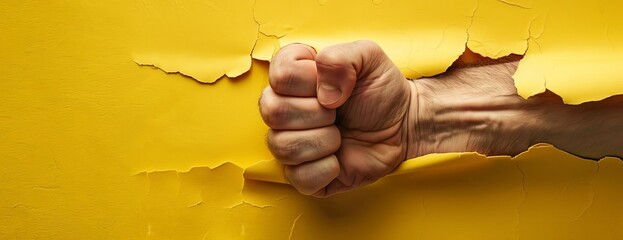 A powerful fist punches through a yellow paper wall