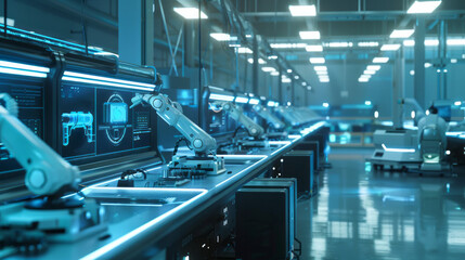 Obraz premium Robots performing repetitive tasks in a factory setting, engaged in monotonous industrial work.