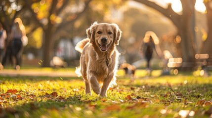 Pet Friendly: Capture a joyful scene in a pet-friendly park with dogs playing fetch, cats lounging, and pet owners socializing. The park is green and spacious with trees, benches, and a designated are