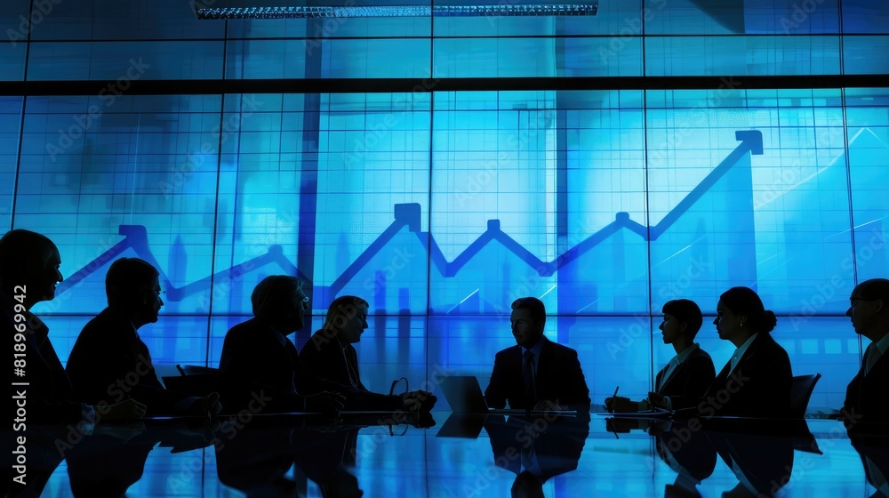 Aufkleber A team of executives discussing business strategies in a boardroom, with a projection screen showing a projected increase arrow graph for the upcoming year. 