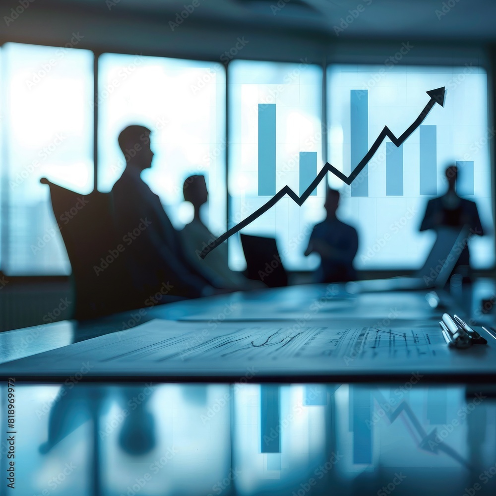 Aufkleber A team of executives discussing business strategies in a boardroom, with a projection screen showing a projected increase arrow graph for the upcoming year. 