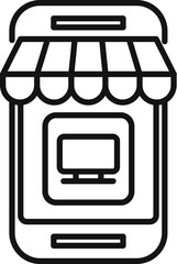 Black and white line art illustration of a computer screen within a shop awning, symbolizing ecommerce