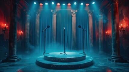 A stage with three microphones and a blue curtain