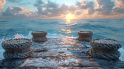 Obraz premium A wooden pier with four rope posts and a rope bridge