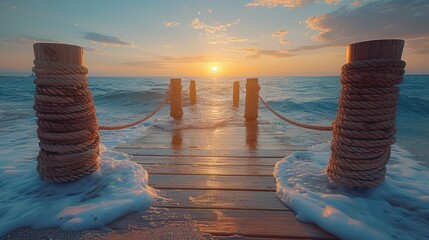 Fototapeta premium A wooden pier with a rope bridge over the water