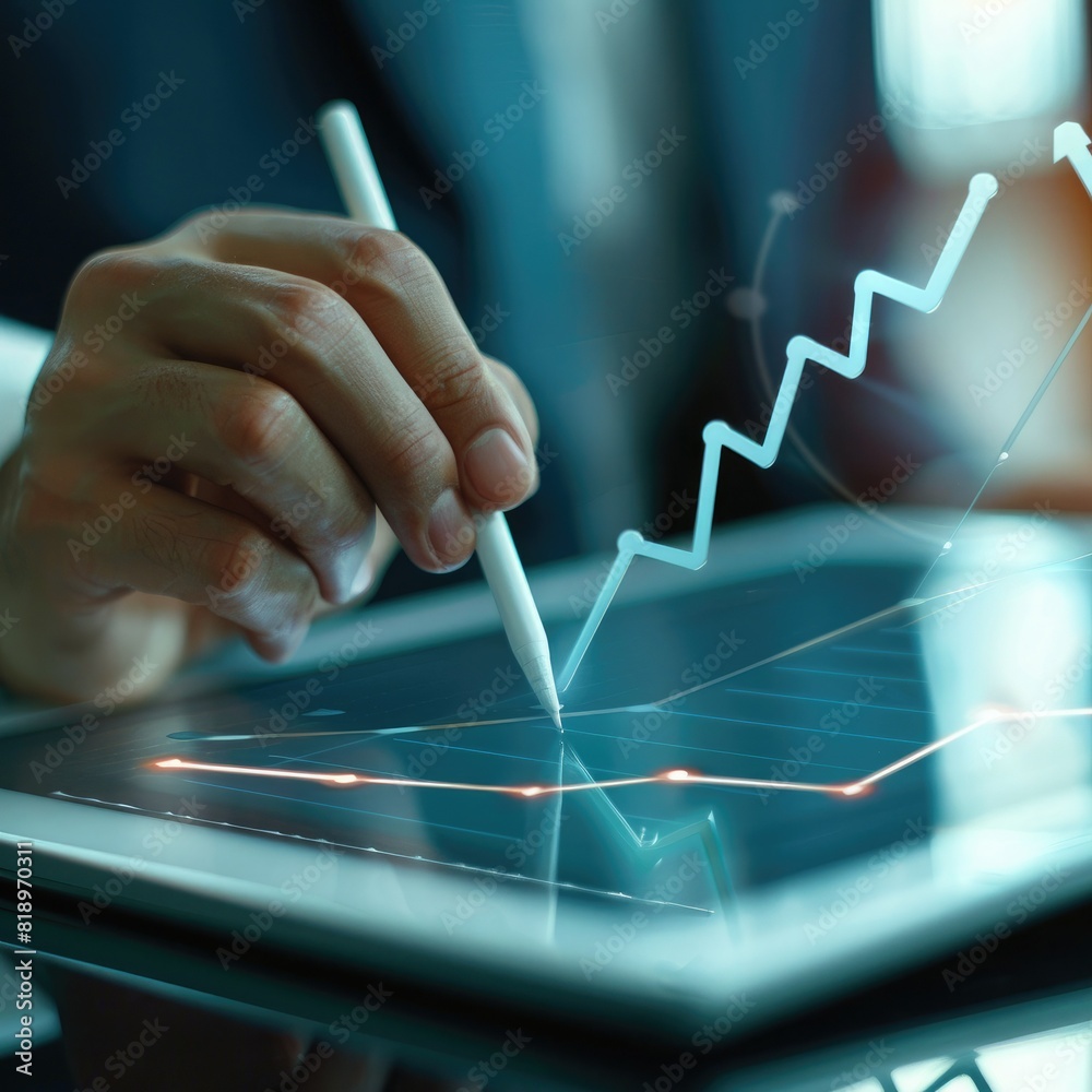 Poster A close-up of a businessman's hand using a stylus to sketch out a growth strategy on a digital tablet, with an increase arrow graph visible on the screen. 