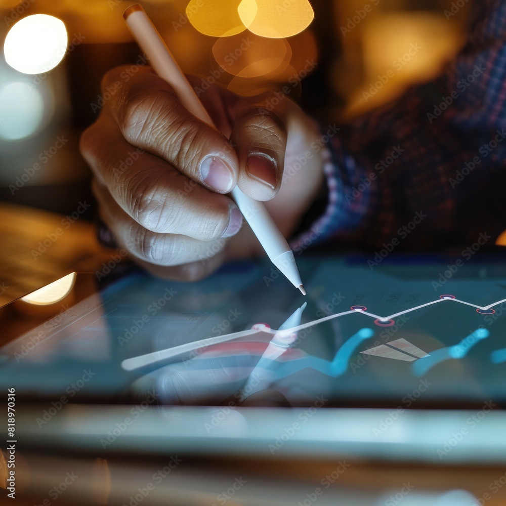 Poster A close-up of a businessman's hand using a stylus to sketch out a growth strategy on a digital tablet, with an increase arrow graph visible on the screen. 