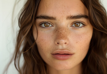 Obraz premium Close-up portrait of woman subtle makeup, crisp white background, Vogue editorial, highlighting elegant features and smooth skin tone for sale as stock photo 